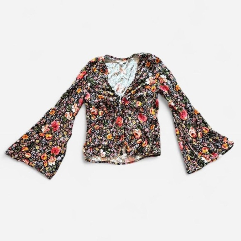 TOPSHOP Floral Print Bell Sleeve V Neck Blouse Top Womens US 6